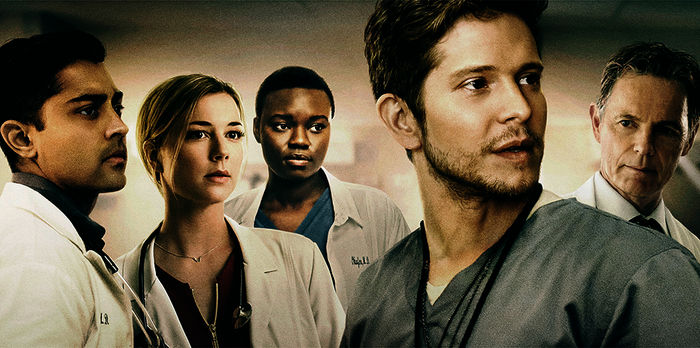 Manish Dayal (Dr. Devon Pravesh), Emily VanCamp (Nicolette Nevin), Shaunette Ren&eacute;e Wilson (Dr. Mina Okafor), Matt Czuchry (Dr. Conrad Hawkins), Bruce Greenwood (Dr. Randolph Bell). Bild: Sender / ORF / PRO7 /  2018 Fox 