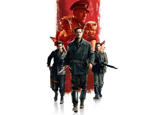 Donny Donowitz (Eli Roth), Aldo Raine (Brad Pitt) und Hugo Stiglitz (Til Schweiger), hinten v.li. Shosanna Dreyfus (M&eacute;lanie Laurent), Hans Landa (Christoph Waltz) und Bridget von Hammersmark (Diane Kr&uuml;ger). Bild: Sender