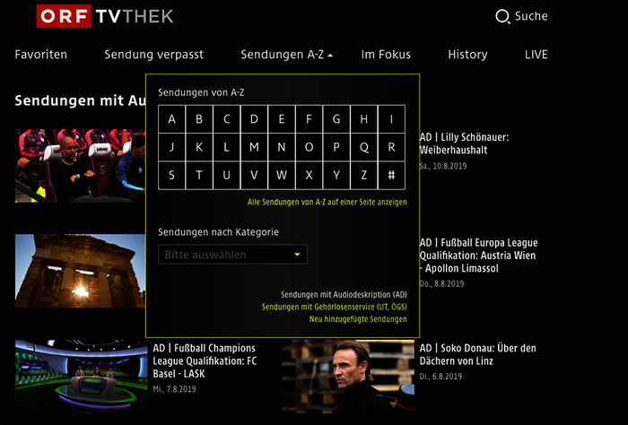 Sendungen mit Audiodeskription in der TVThek des ORF. Bild: ORF Screenshot