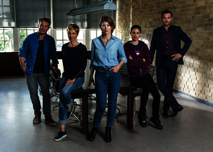 Matti Wagner (Pierre Besson), Vanessa Haas (Kerstin Landsmann), SOKO-Chefin Helena Jung (Sonja Baum), Lilly Funke (Tatjana Kästel), Jonas Fischer (Lukas Piloty). Bild: Sender / ZDF / Lars Laison.