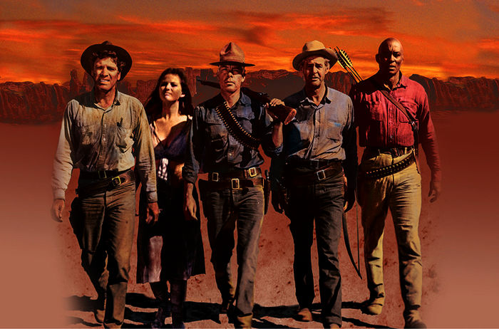 Die vier Abenteurer Bill Dolworth (Burt Lancaster), Henry Rico Fardan (Lee Marvin), Hans Ehrengard (Robert Ryan) und Jake Sharp (Woody Strode) haben ihren Auftrag erfüllt und Maria Grant (Claudia Cardinale) aus den F&auml;ngen des Banditen befreit. Bild: Sender / ARTE France / 
Pax Enterprises Inc.