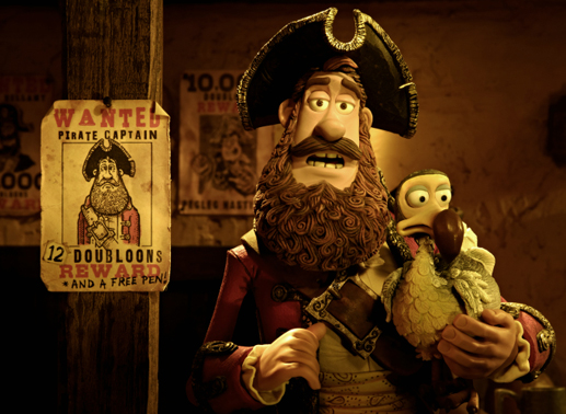 Der Piratenkapit&auml;n (Originalstimme: Hugh Grant) mit seinem Vogel Polly. Bild: Sony