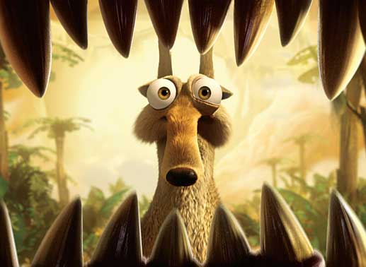 S&auml;belzahneichh&ouml;rnchen Scrat ist von dem m&auml;chtigen Gebiss des Dinosauriers schwer beeindruckt. Bild: Sender