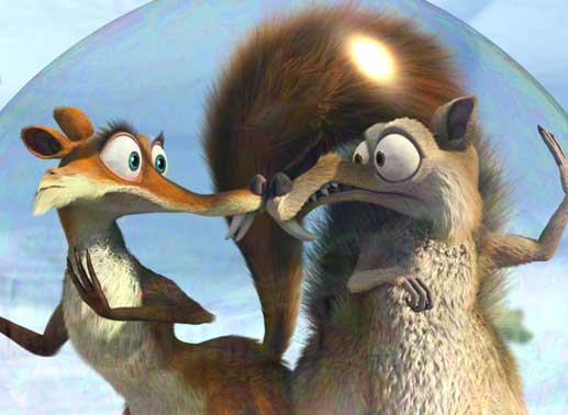 Auf der Jagd nach der Nuss und eingeschlossen in einer Luftblase erleben S&auml;belzahneichh&ouml;rnchen Scrat (re.) und Eichh&ouml;rnchen-Dame Scratte einen magischen Moment. Bild: Sender